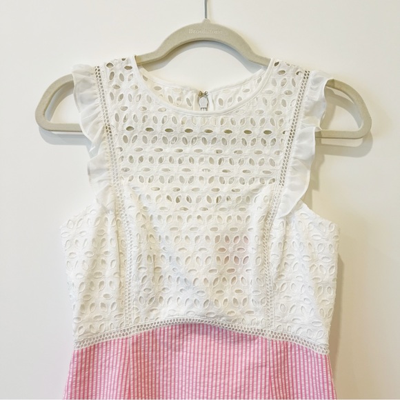 Lilly Pulitzer Maya Shift Dress Pink Tropics Seersucker Eyelet Ruffled Lace Sz 0 - Picture 8 of 10